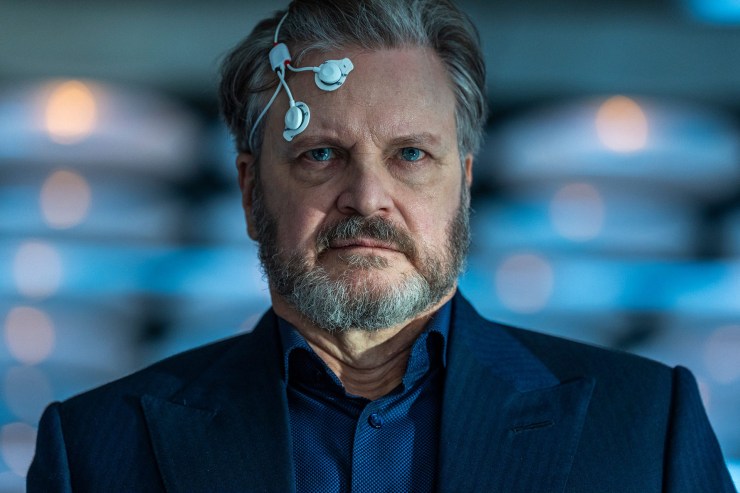 Colin Firth wired to mind control device with electrodes in Disclosure Day